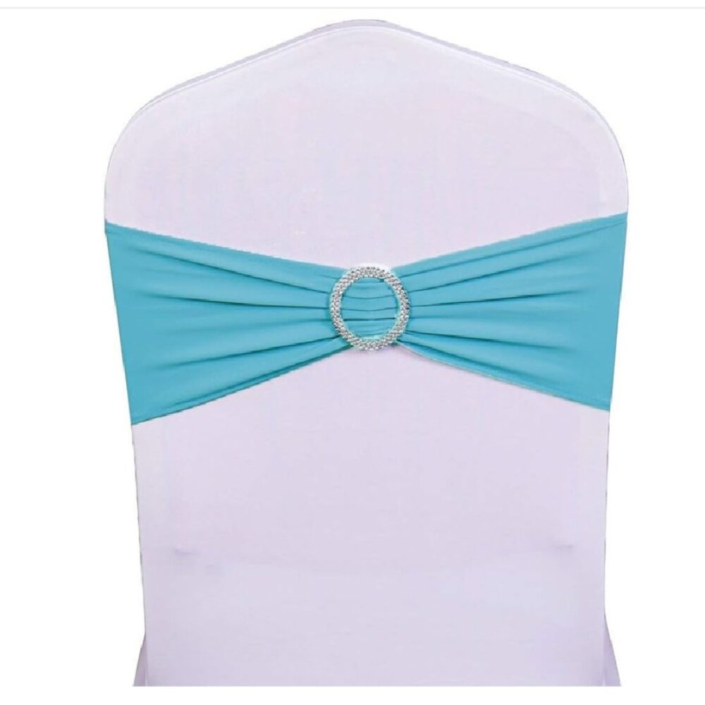 Set of 12 Spandex turquoise chair cover Sashes with White Chair Covers